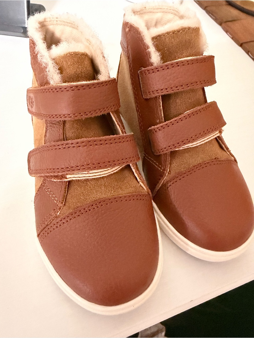 UGG Kids Brown Leather & Suede Velcro High-Top Boots
